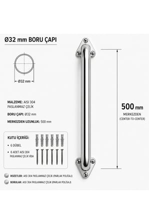 Çap 32 Yaşlı Hasta Engelli Paslanmaz Çelik Tuvalet Tutunma Barı 50cm