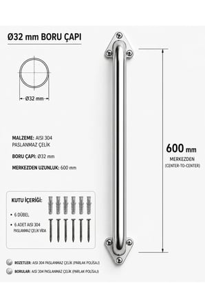 Çap 32 Yaşlı Hasta Engelli Paslanmaz Çelik Tuvalet Tutunma Barı 60cm