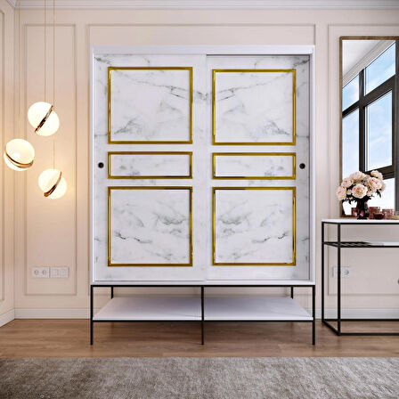 Pasific Home Martin 2 Kapaklı Sürgülü Gardırop Elbise Dolabı,150 cm, Beyaz & Beyaz Mermer