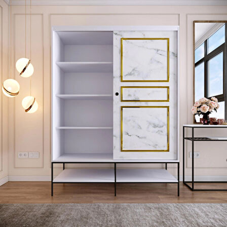Pasific Home Martin 2 Kapaklı Sürgülü Gardırop Elbise Dolabı,150 cm, Beyaz & Beyaz Mermer
