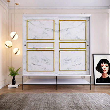 Pasific Home Martin 2 Kapaklı Sürgülü Gardırop Elbise Dolabı,190 cm, Beyaz & Beyaz Mermer