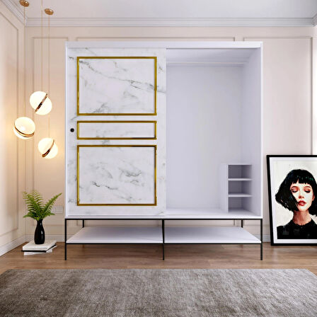 Pasific Home Martin 2 Kapaklı Sürgülü Gardırop Elbise Dolabı,190 cm, Beyaz & Beyaz Mermer