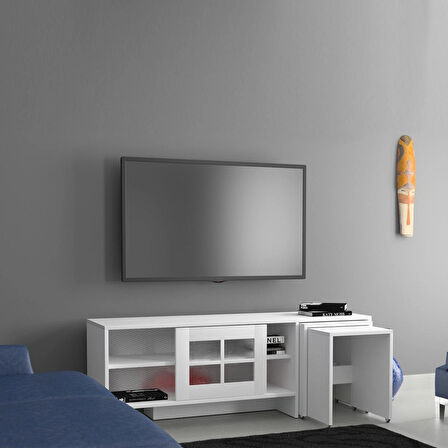 Pasific Home Revival Metal Ayaklı Sürgülü Tv Ünitesi, Zigon Sehpalı, 150 Cm, Ahşap Beyaz