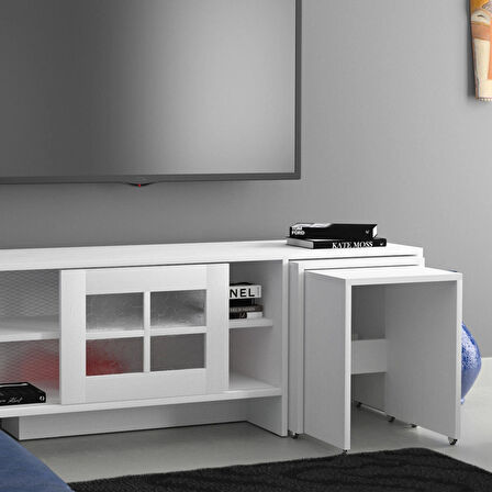 Pasific Home Revival Metal Ayaklı Sürgülü Tv Ünitesi, Zigon Sehpalı, 150 Cm, Ahşap Beyaz