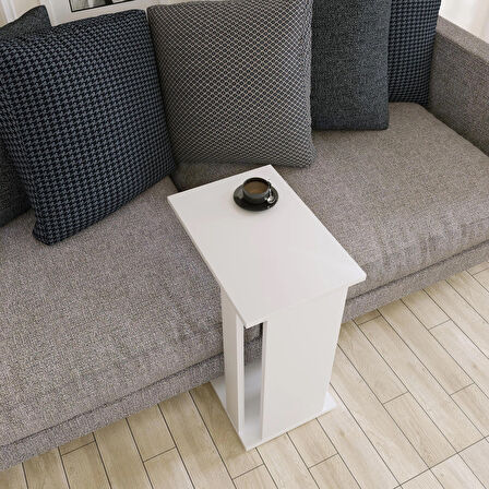 Pasific Home Single Çok Amaçlı Tekerlekli C Sehpa , Koltuk Sehpası - Parlak Beyaz