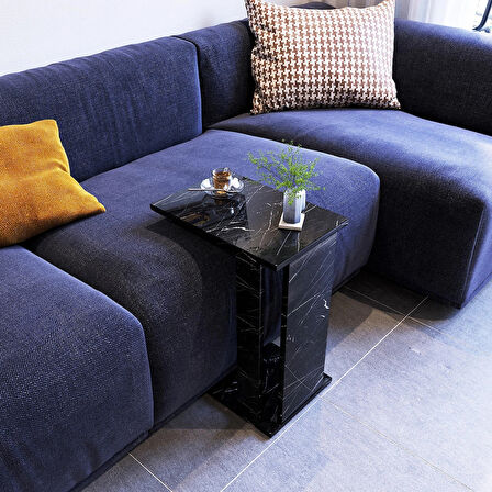 Pasific Home Single Çok Amaçlı Tekerlekli C Sehpa ,Koltuk Sehpası - Siyah Mermer
