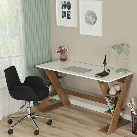 Pasific Home Lungo Raflı Çalışma Masası, Ofis Masası, 60X140 Cm, Koyu Meşe&Beyaz