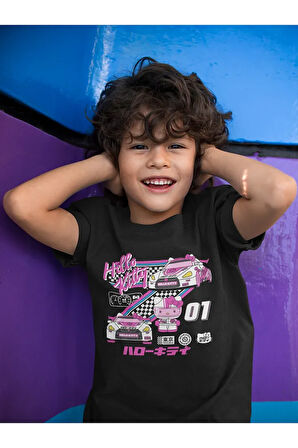 Hello Kitty Yarış Pilotu Baskılı Unisex Çizgi Film Çocuk Tişört (1-12 YAŞ)