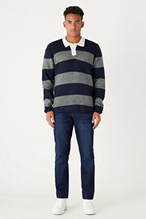 Erkek Lacivert-gri Standart Fit Normal Kesim Polo Yaka Çizgili Triko Kazak