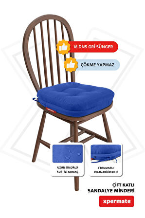 XPERMATE Çift Kat Sandalye Minderi Fermuarlı Yıkanabilir Kılıf Bağcıklı Su ve Yağ İtici 42x42x8 Mavi