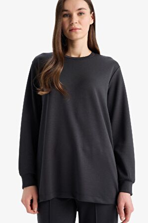 Regular Fit Bisiklet Yaka Basic Düz Siyah Sweatshirt Tunik