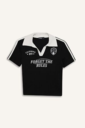 DeFacto Coool Fitted Polo Yaka Baskılı Ribana Kısa Kollu Tişört E7443AX25SPBK81