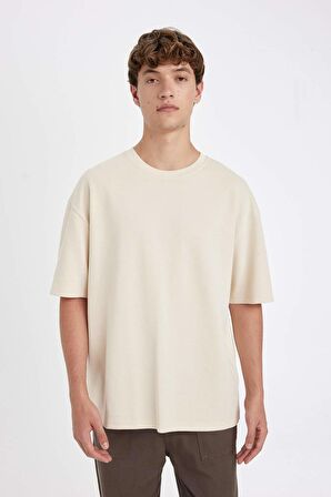 DeFacto Oversize Geniş Kalıp Bisiklet Yaka Kısa Kollu Basic Düz Ağır Kumaş Tişört X3926AZ24AUBG700