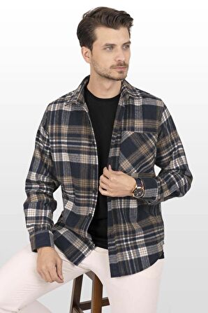 Lacivert Kahve Geçişli Oversize Kalın Oduncu Gömlek