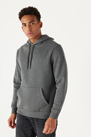 Erkek Antrasit-melanj Standart Fit Içi Polarlı 3 Iplik Kapüşonlu Pamuklu Sweatshirt