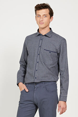 Erkek Lacivert-Gri Slim Fit Dar Kesim Klasik Yaka Kareli Gömlek