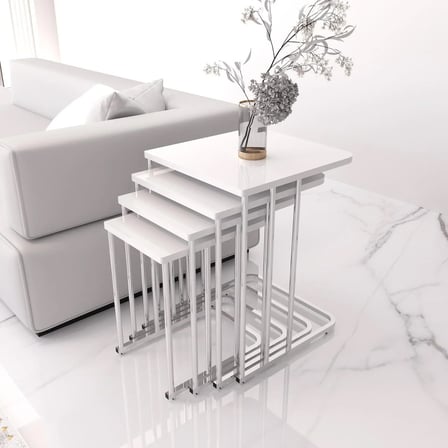  Orkide Tekerlekli 4 Lü Zigon Sehpa Gümüş- Beyaz Mdf Zigon Sehpa