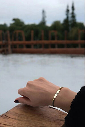 Hz Ali Temalı Dikdörtgen Motifli 14 Ayar Altın Plakalı Örgülü Hediye Bileklik-330sembol-kahverengi