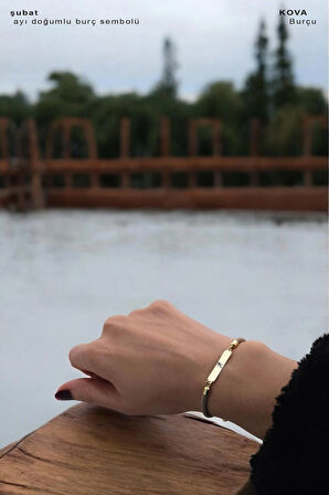 Kova Burçlarına 14 Ayar Altın Plakalı Örgülü Dikdörtgen Motifli Hediye Bileklik-330burç-kahverengi