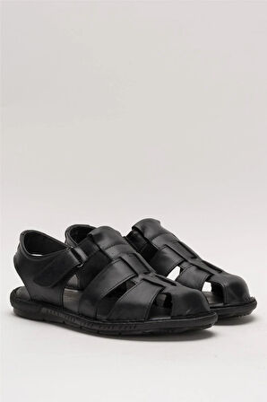 Erkek Hakiki Deri Yazlık Hafif Günlük Ayakkabı Sandalet SİYAH