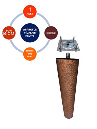14 cm Ceviz Renk Ahşap Ayak Konik Koltuk Ayağı -Baza-Sehpa-Mobilya Ayağı- Çap:4,6 Cm 3301000000893