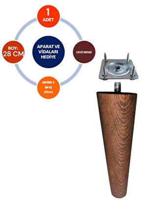 28 cm Ceviz Renk Ahşap Ayak Konik Koltuk Ayağı -Baza-Sehpa-Mobilya Ayağı- Çap:4,6 Cm 3301000000896