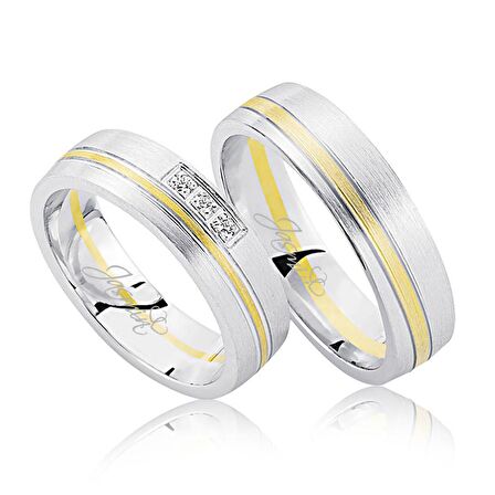 Beyaz Sarı Şeritli Taşlı Altın Alyans 3305-2