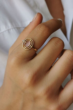 Pembe Kedi Gözü Taşlı Altın Yüzük