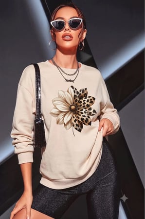 Unisex Leopar Desenli Çiçek Baskılı Bisiklet Yaka Sweatshirt