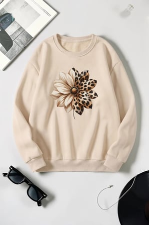 Unisex Leopar Desenli Çiçek Baskılı Bisiklet Yaka Sweatshirt