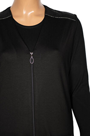 Hesna Kadın Bengü Büyük Beden Fermuarlı Cepli Penye Siyah Yelek