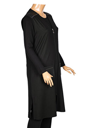 Hesna Kadın Bengü Büyük Beden Fermuarlı Cepli Penye Siyah Yelek