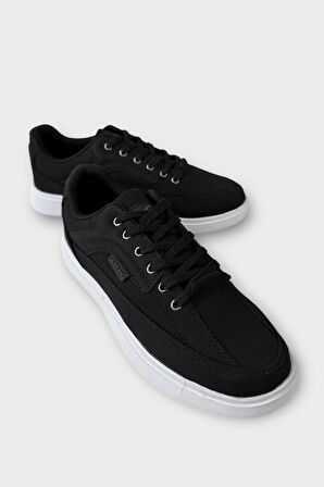 Erkek Keten Gabardin Kumaş Günlük Sneaker Ayakkabı SİYAH - BEYAZ