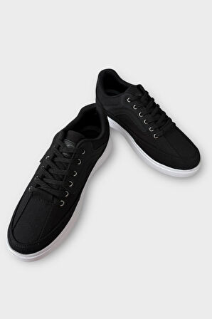 Erkek Keten Gabardin Kumaş Günlük Sneaker Ayakkabı SİYAH - BEYAZ