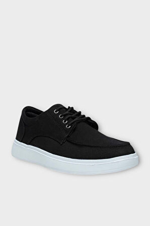Erkek Keten Gabardin Kumaş Günlük Sneaker Ayakkabı SİYAH - BEYAZ
