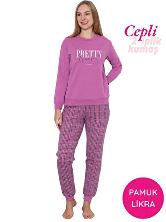 Kadın Bisiklet Yaka Bilek Manşet/Lastikli 2 İplik Pamuk Cepli Kışlık Jogger Eşofman Pijama Takımı