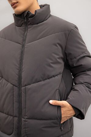 Şişme Mont Slim Fit Dar Kesim Dik Yaka Fermuarlı Cepli