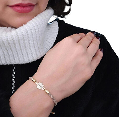 Seda İsmine Özel Örgü İpli Yaprak Figürlü 14 Ayar Altın Plakalı Hediye Bileklik-331isim-kahverengi