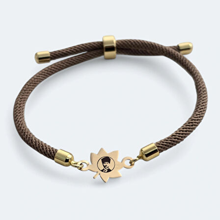 Atatürk Temalı Yaprak Figürlü 14 Ayar Altın Plakalı Örgü İpli Hediye Bileklik-331sembol-kahverengi