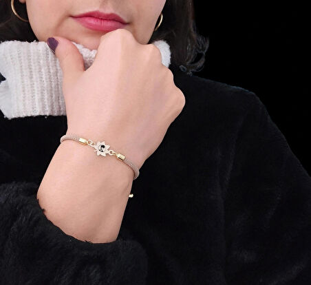 Atatürk Temalı Yaprak Figürlü 14 Ayar Altın Plakalı Örgü İpli Hediye Bileklik-331sembol-kahverengi