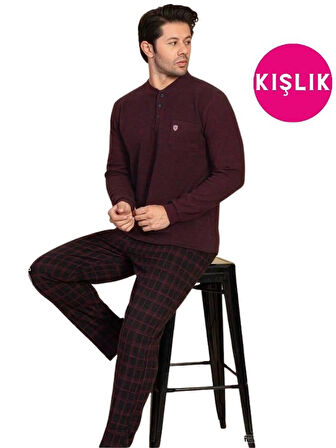 Guava Erkek 3 Düğme Uzun Kol Göğüs Cepli Selanik Kumaş Kışlık Cepli Pijama Takımı 