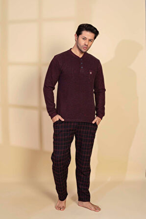 Guava Erkek 3 Düğme Uzun Kol Göğüs Cepli Selanik Kumaş Kışlık Cepli Pijama Takımı 