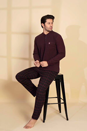 Guava Erkek 3 Düğme Uzun Kol Göğüs Cepli Selanik Kumaş Kışlık Cepli Pijama Takımı 