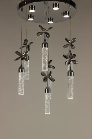 Lüks Gümüş Çemberli Seri 7li Kelebekli İnce Jöle Kristal Modern 3 Renk Ledli Sarkıt Avize
