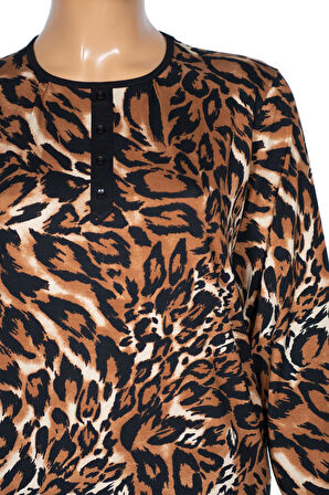 Cimariva Kadın Vera Büyük Beden O Yaka Koton Penye Siyah Leopar Bluz