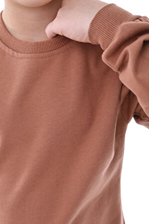 Basic Bisiklet Yaka Şardonlu Çocuk Sweatshirt 3-10 Yaş Krem