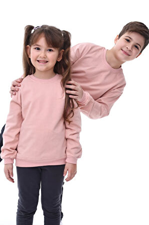 Basic Bisiklet Yaka Şardonlu Çocuk Sweatshirt 3-10 Yaş Pudra