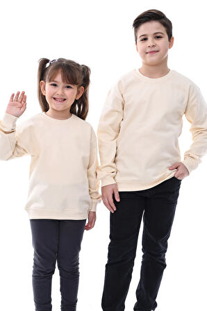 Basic Bisiklet Yaka Şardonlu Çocuk Sweatshirt 3-10 Yaş Krem