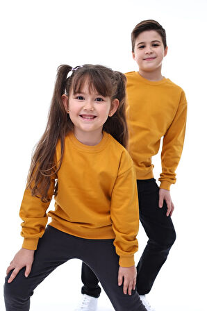 Basic Bisiklet Yaka Şardonlu Çocuk Sweatshirt 3-10 Yaş Krem