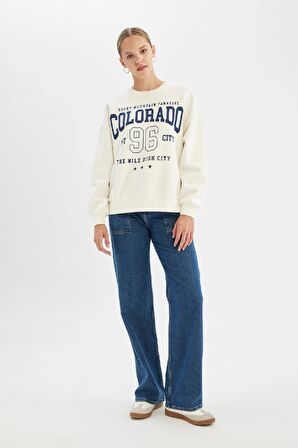 DeFacto Loose Fit Bisiklet Yaka Baskılı Kalın Sweatshirt C7811AX24WNWT32
